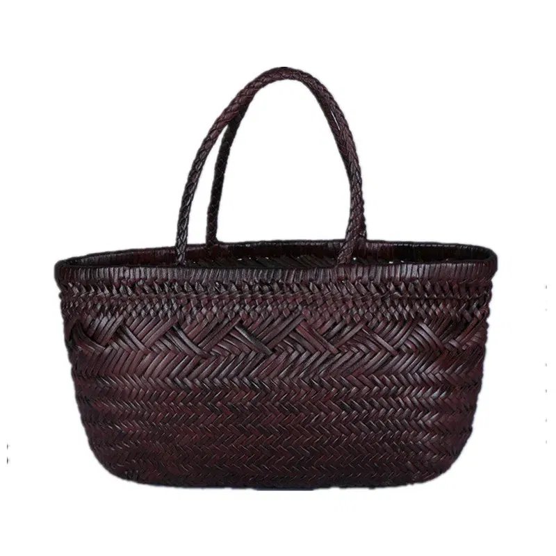 Color: Chocolate - Designer woven totes bag women genuine leather cowskin knitting basket handbag female hollow out bucket bag 2025 summer new