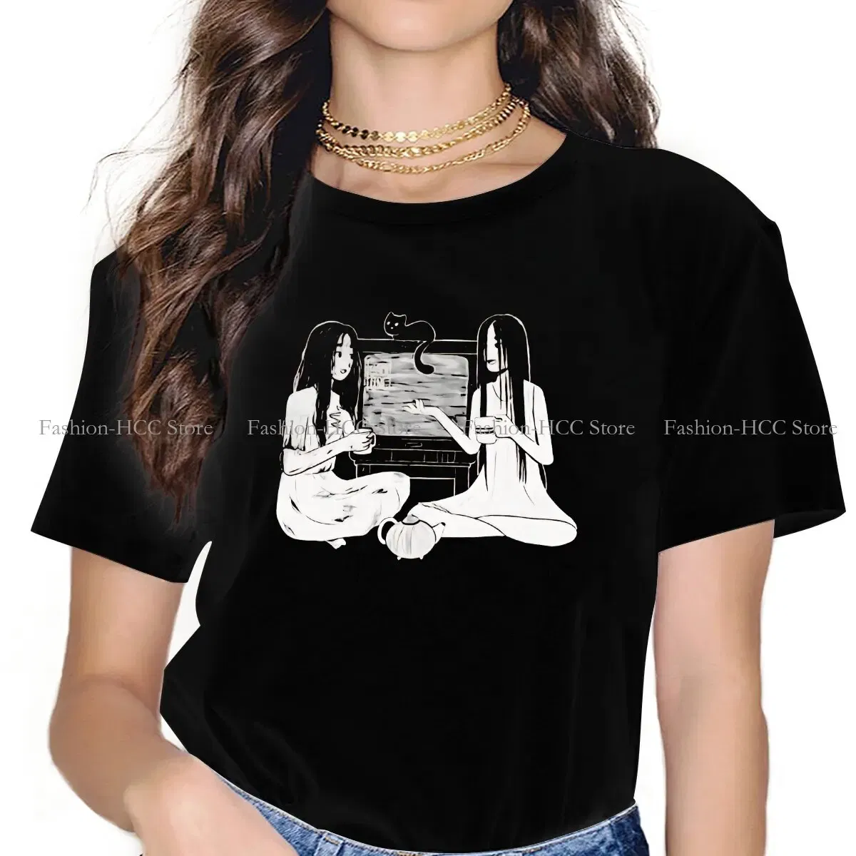 Color: WHITE, Size: L - Sadako And Kayako Tea Time Newest Polyester TShirts Ju On The Grudge Movie Momen Graphic Tops T Shirt O Neck