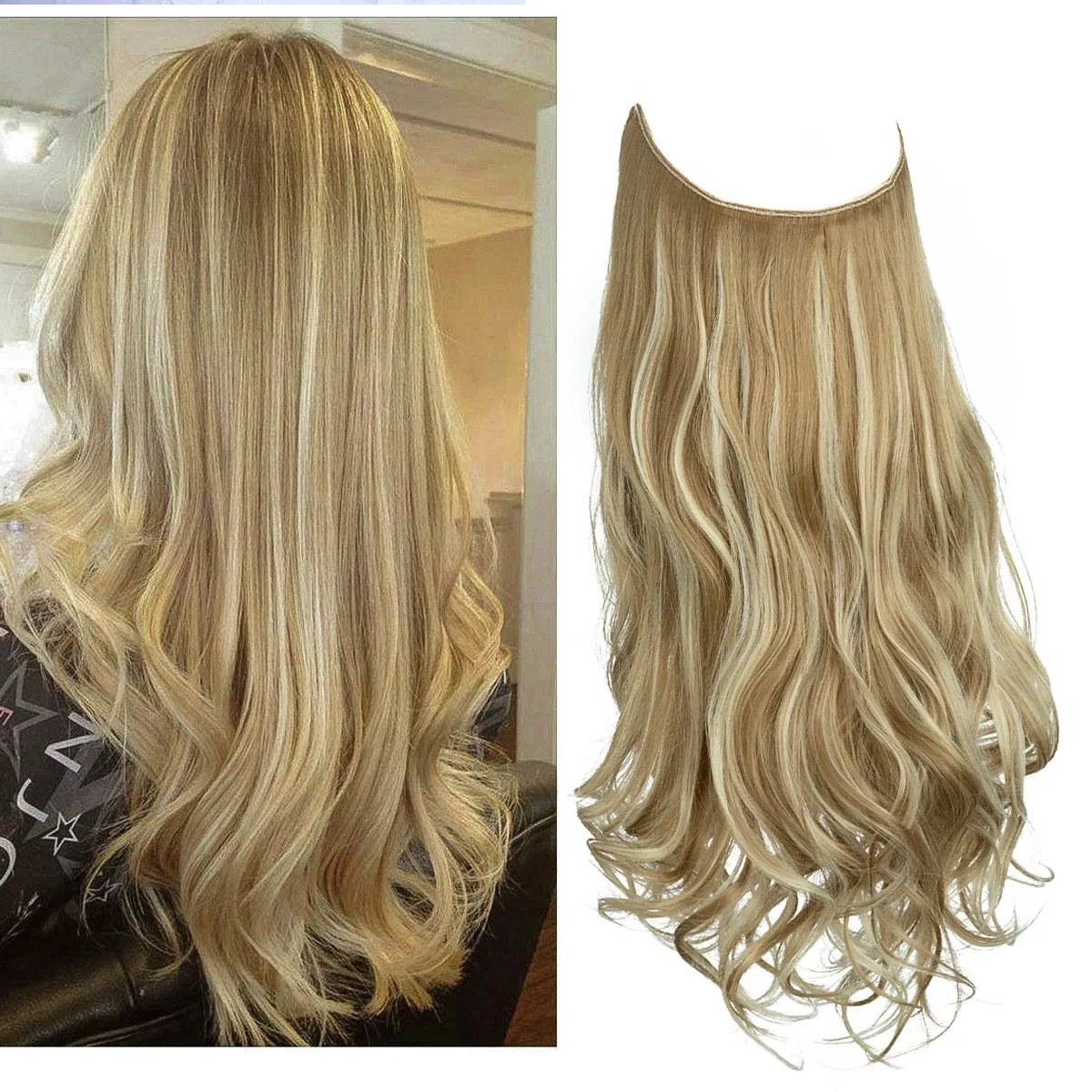 Color: T1B/350, Stretched Length: 22INCHES - Synthetic No Clip Wave Hair Extensions Ombre Natural Black Blonde Pink One Piece False Hairpiece Fish Line Fake Hair Piece