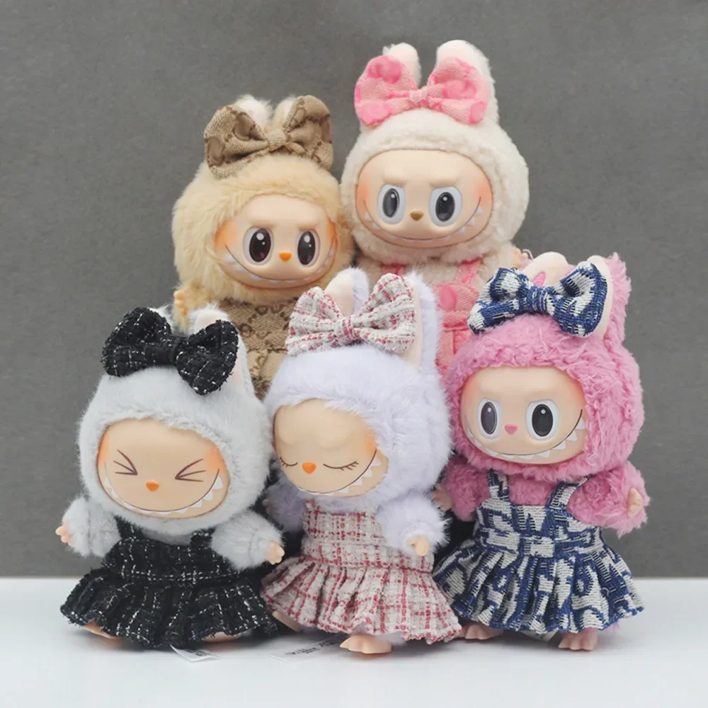 Color: Blue - 17cm Labubu Handmade Custom Gorgeous Doll Clothing Pink Striped Sweater with Fur Hat and Cup Pendant for Stylish Accessories