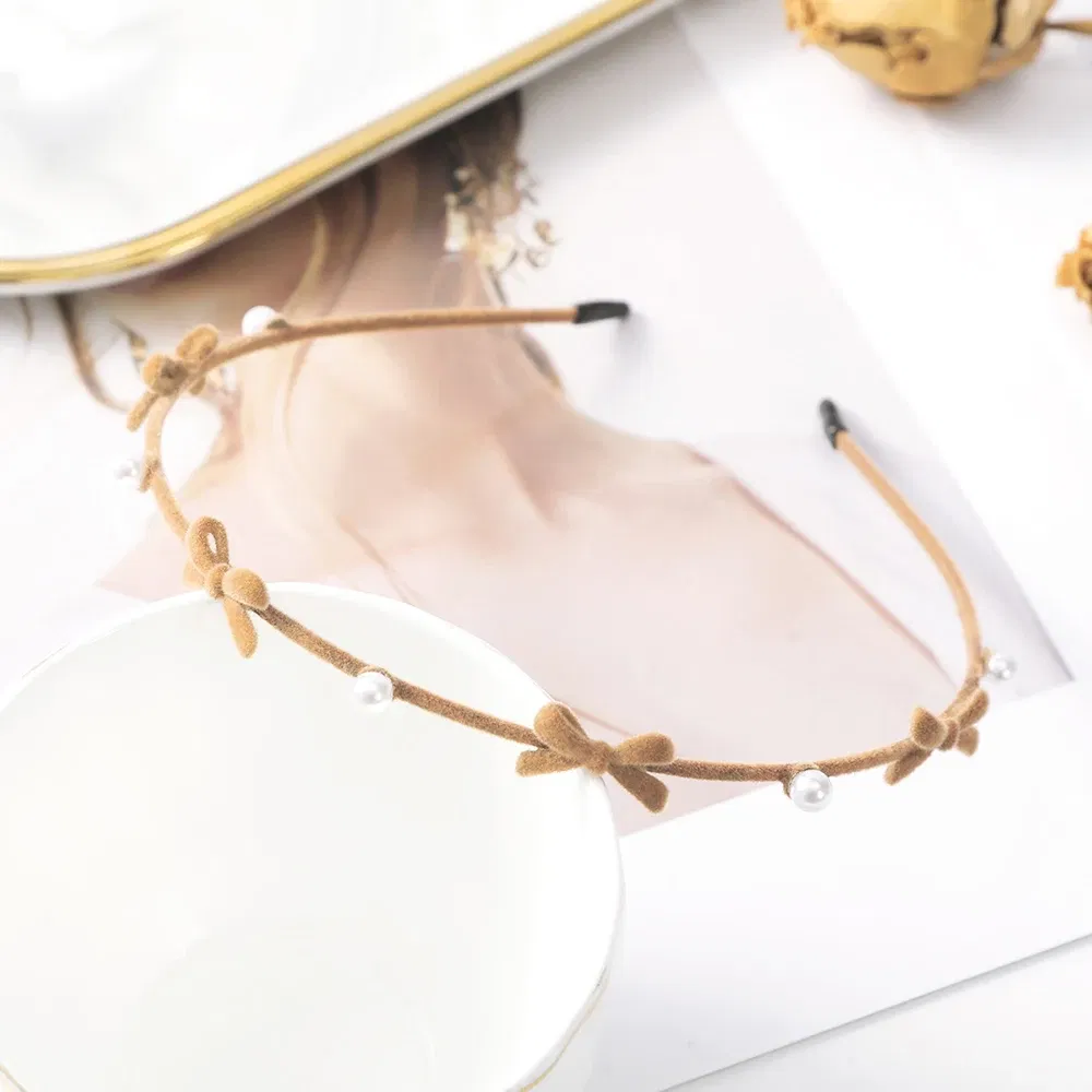 Color: WHITE - Flocking Flower Headbands Pearl Hairbands Headdress Hair Hoop Band Hair Accessories for Women Girls Teens