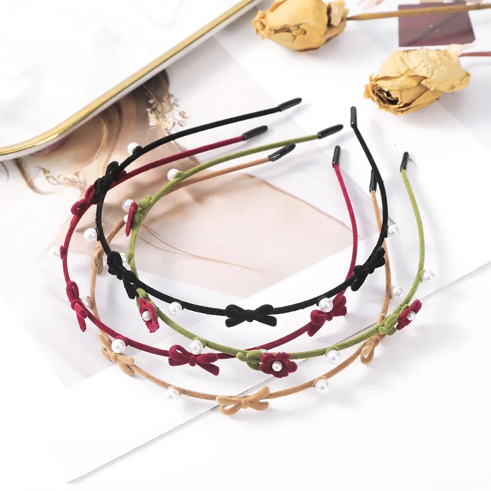 Color: WHITE - Flocking Flower Headbands Pearl Hairbands Headdress Hair Hoop Band Hair Accessories for Women Girls Teens