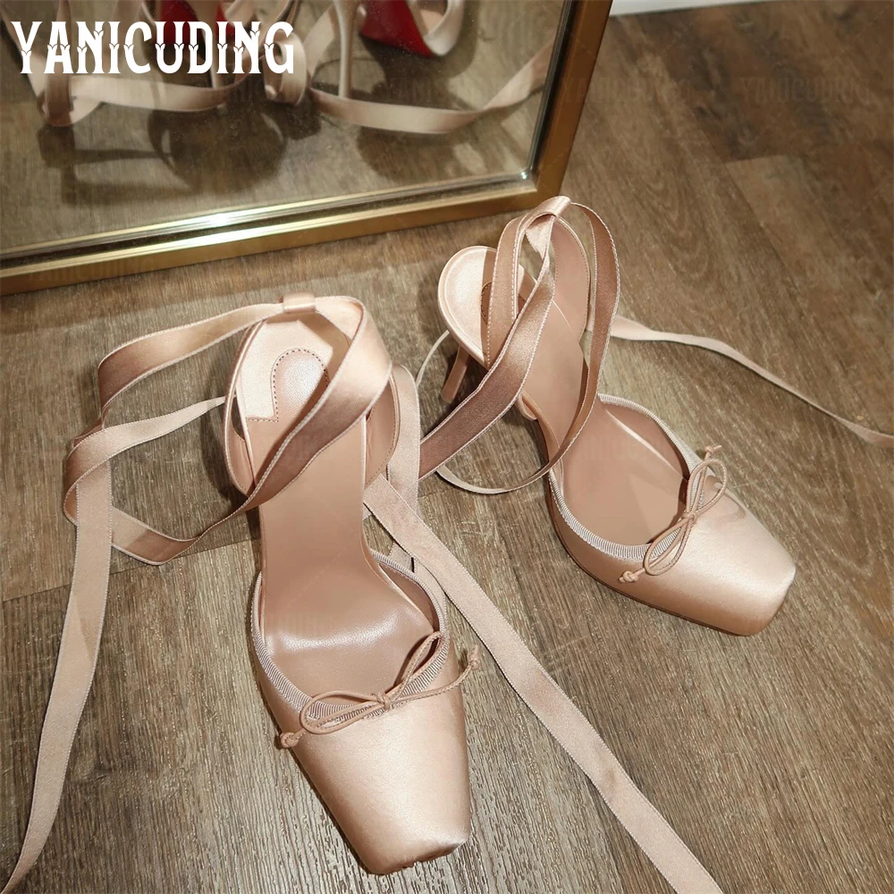 Satin Lace-Up Pumps Ballet Square Toe Stilettos Ankle Strap Designer Style High Heels for Women Black Champagne Pumps for Women