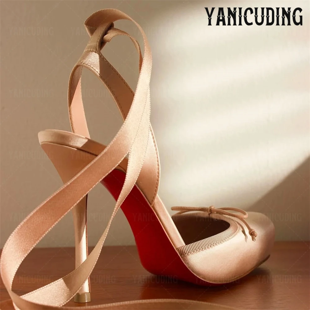 Satin Lace-Up Pumps Ballet Square Toe Stilettos Ankle Strap Designer Style High Heels for Women Black Champagne Pumps for Women