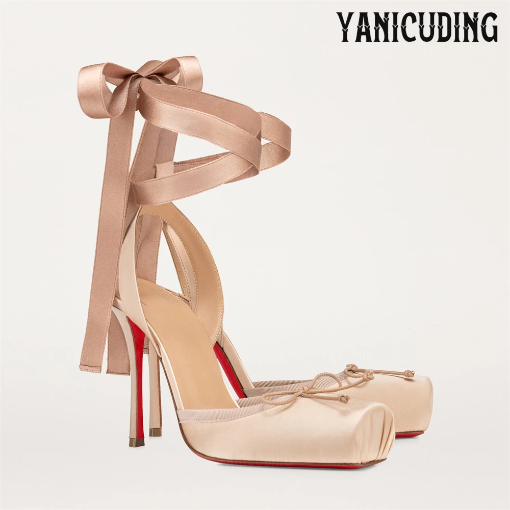 Satin Lace-Up Pumps Ballet Square Toe Stilettos Ankle Strap Designer Style High Heels for Women Black Champagne Pumps for Women