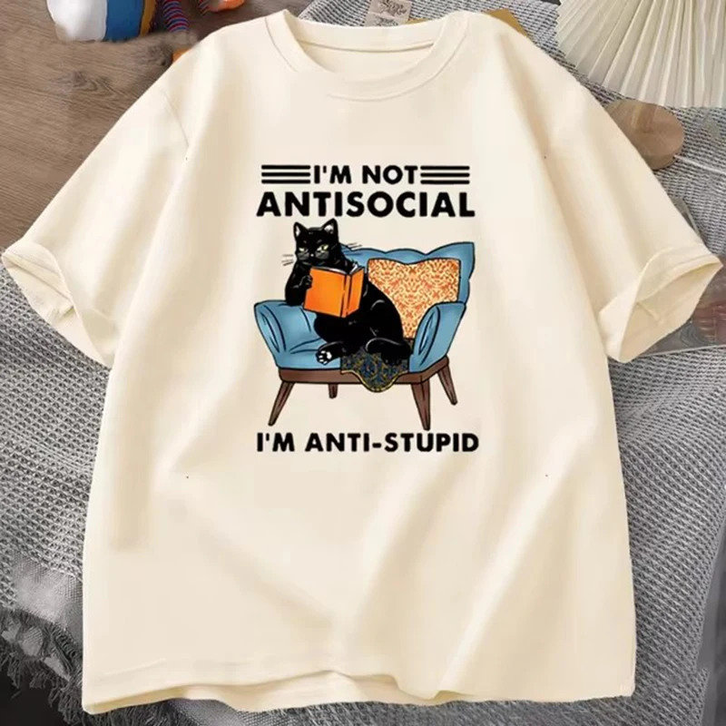 Color: Khaki, Size: L - funny cat reading book T-Shirts Graphic Tees Cotton Mens Clothing O Neck Meme Short Sleeve Tees Harajuku Fashion Womens Oversize