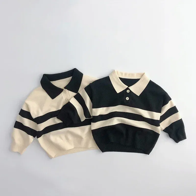 Color: Beige, Kid Size: 5 - 2025 Autumn New Children Long Sleeve Striped Sweater Cotton Boys Knitted Shirts Cute Baby Casual Knit Sweater Kids Clothes