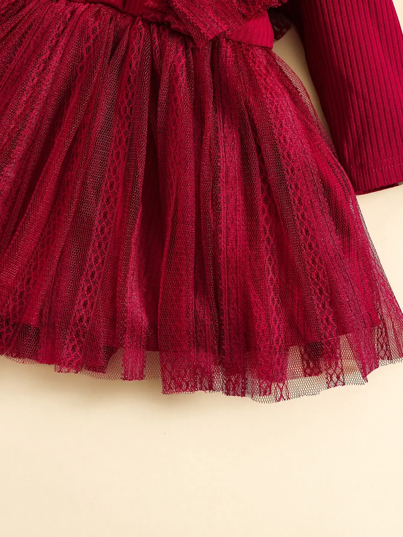 Color: Red, Kid Size: 12M - Two-Piece Baby Girl Romantic Small Flying Sleeve Long Sleeve Ruffled Mesh Dress + Bow Headscarf Spring And Autumn
