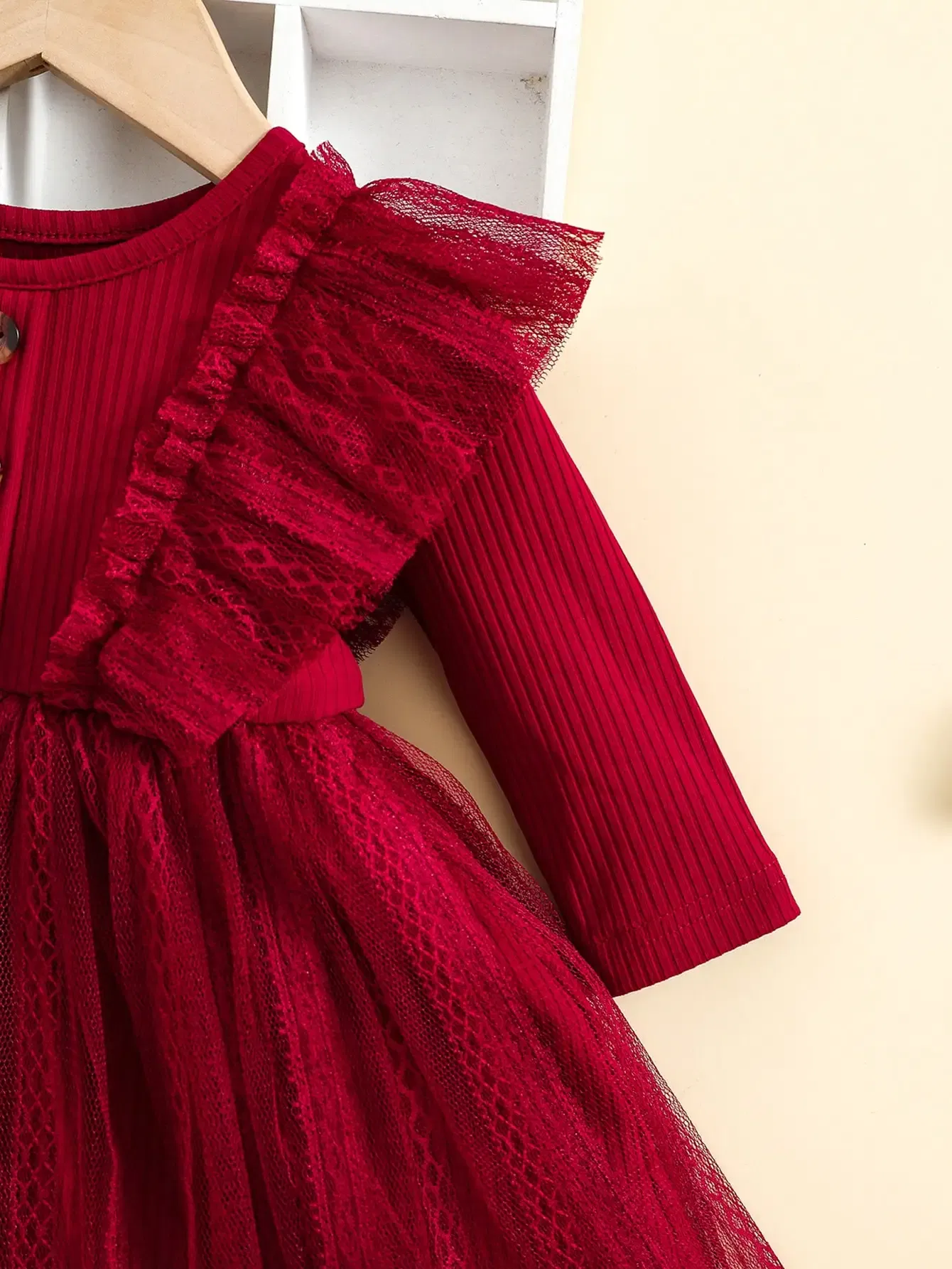 Color: Red, Kid Size: 12M - Two-Piece Baby Girl Romantic Small Flying Sleeve Long Sleeve Ruffled Mesh Dress + Bow Headscarf Spring And Autumn