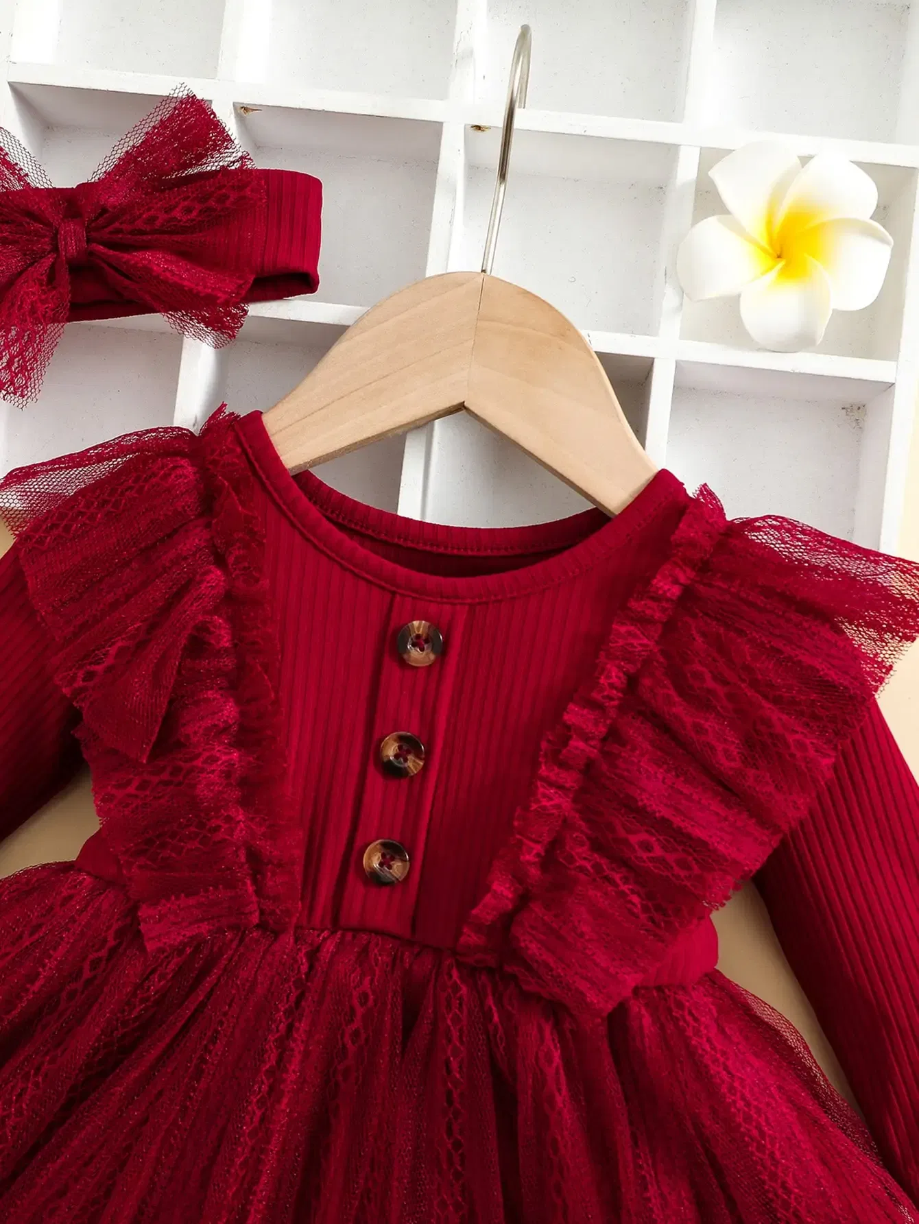 Color: Red, Kid Size: 12M - Two-Piece Baby Girl Romantic Small Flying Sleeve Long Sleeve Ruffled Mesh Dress + Bow Headscarf Spring And Autumn