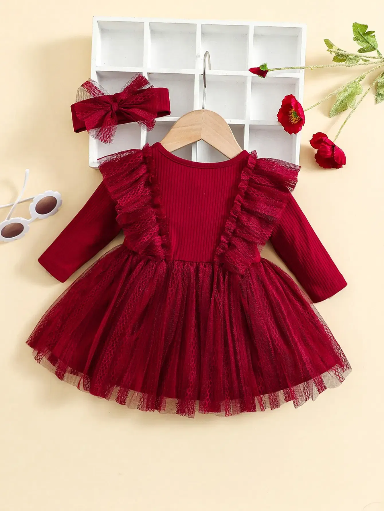 Color: Red, Kid Size: 12M - Two-Piece Baby Girl Romantic Small Flying Sleeve Long Sleeve Ruffled Mesh Dress + Bow Headscarf Spring And Autumn