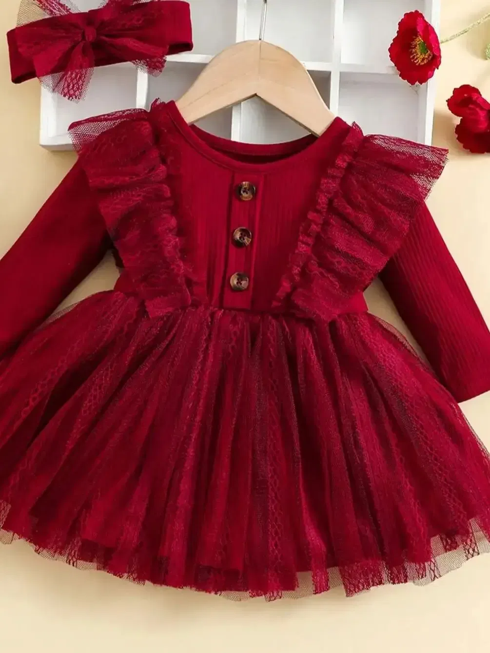 Color: Red, Kid Size: 12M - Two-Piece Baby Girl Romantic Small Flying Sleeve Long Sleeve Ruffled Mesh Dress + Bow Headscarf Spring And Autumn