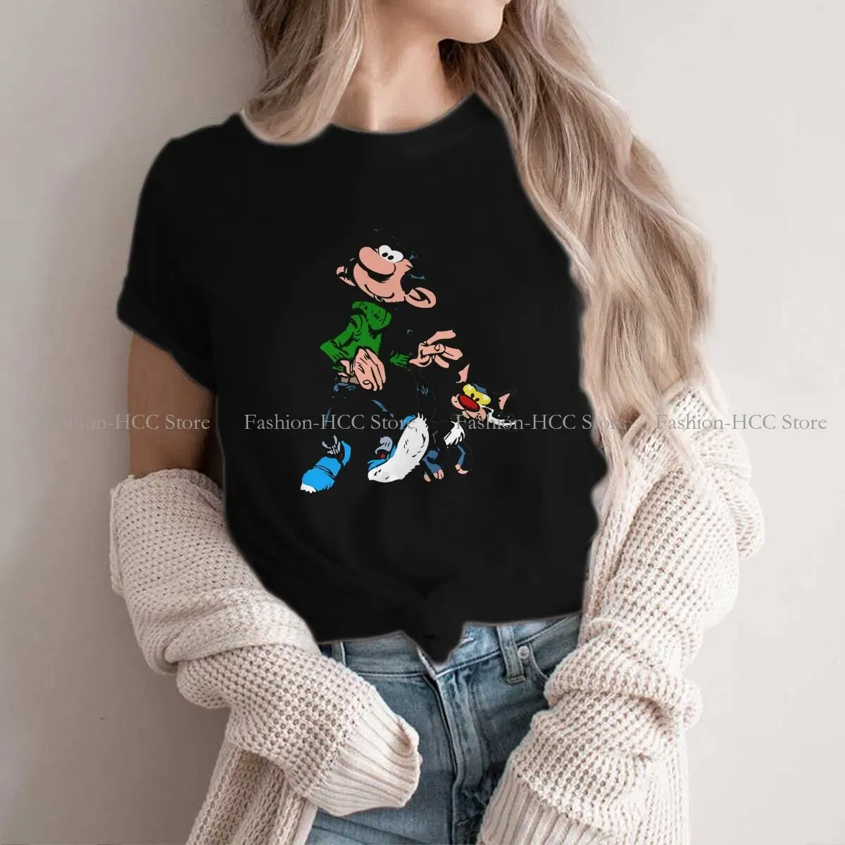 Color: black, Size: XL - Gaston Lagaffe Comic Polyester TShirts Cartoon Color Big Ben Walking With Cat Classic Personalize Homme T Shirt Funny Tops
