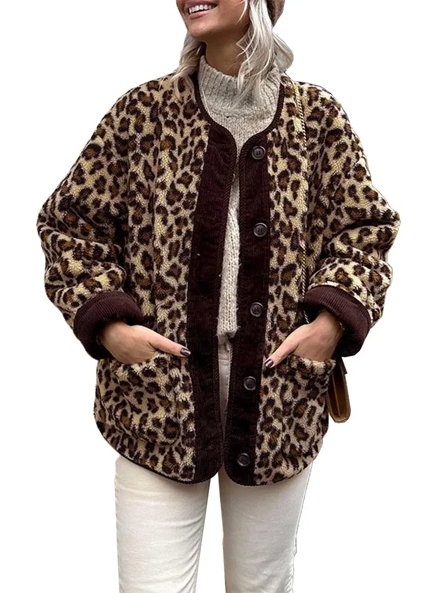 Color: Brown, Size: M - Women Leopard Print Jacket Long Sleeve Button Closure Winter Jacket Casual Warm Outwear