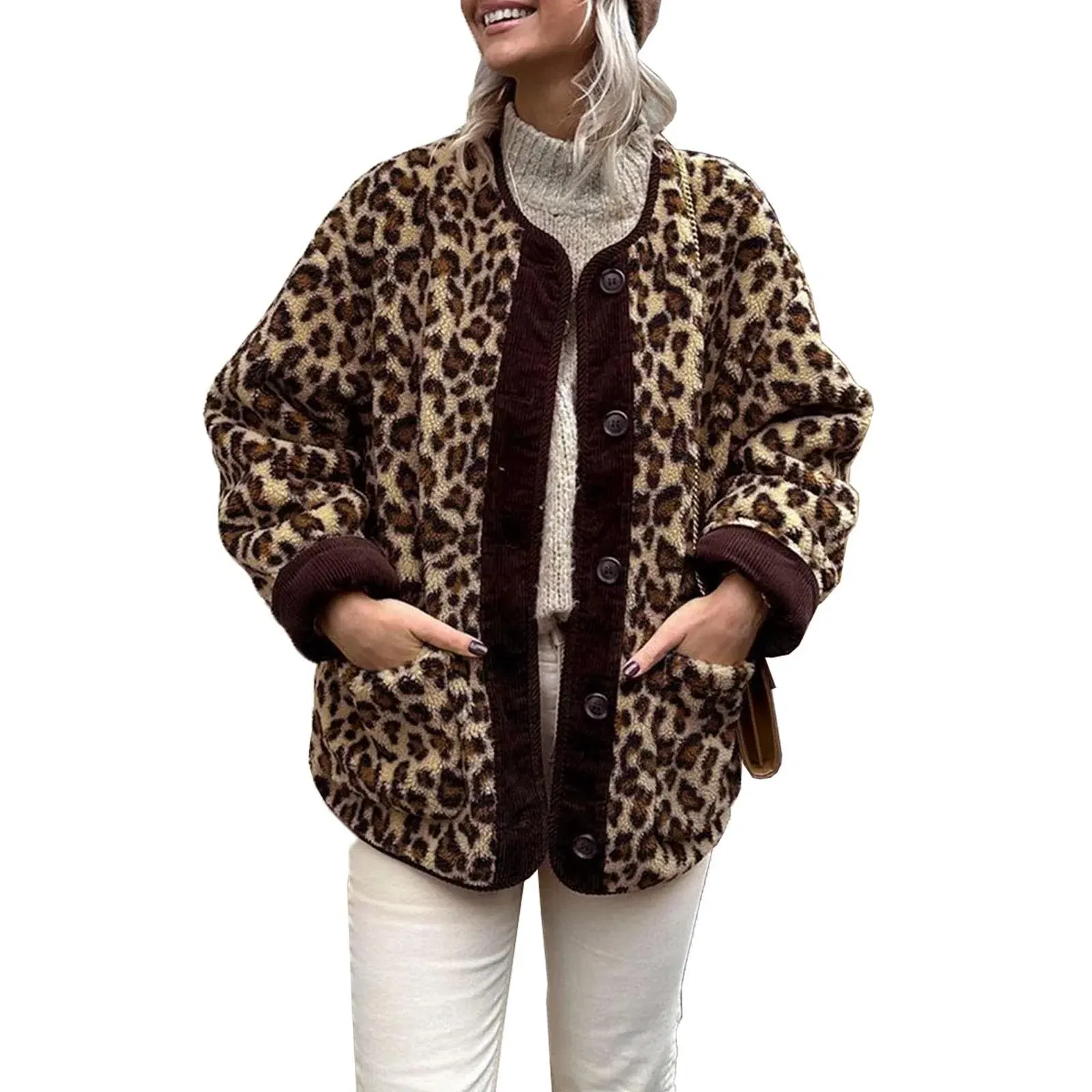 Color: Brown, Size: M - Women Leopard Print Jacket Long Sleeve Button Closure Winter Jacket Casual Warm Outwear