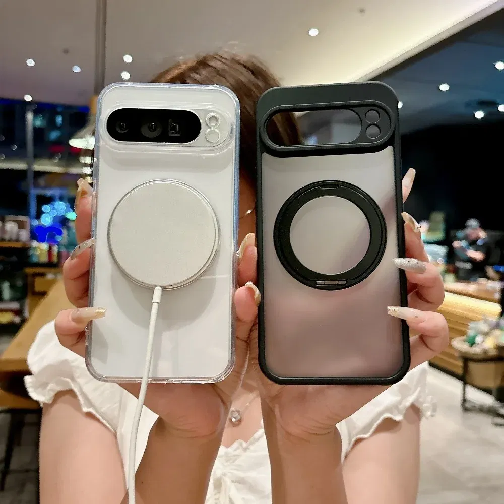Color: black, Compatibility by Model: Google Pixel 6 - for Magsafe Matte Rotating Bracket Case for Google Pixel 10 9 Pro XL 8 7 6 9A 8A 7A 6A Holder Stand Transparent Shockproof Cover