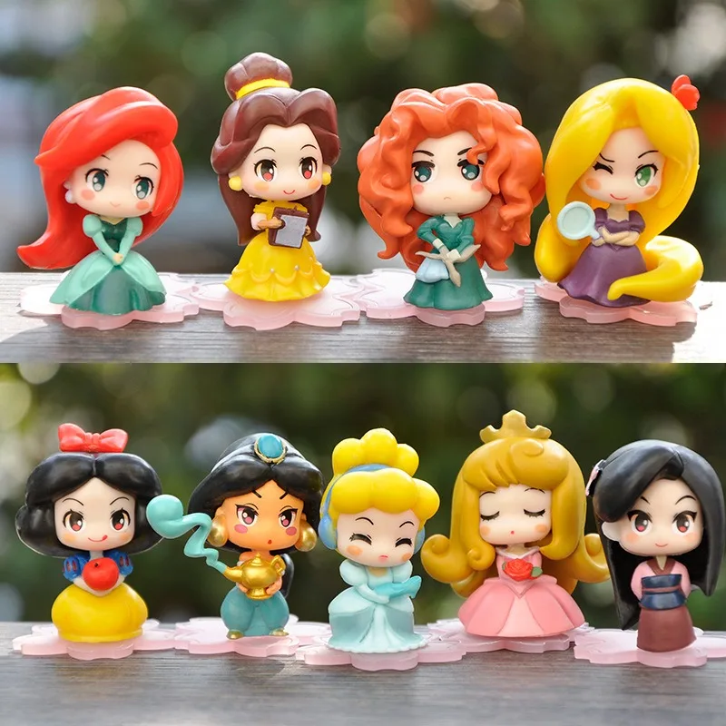 Disney 9 Pcs/Set Kawaii Q Princess 6cm Rapunzel Snow White Jasmine Mulan Ariel PVC Figurine Cake Ornaments Toys Kid Gift