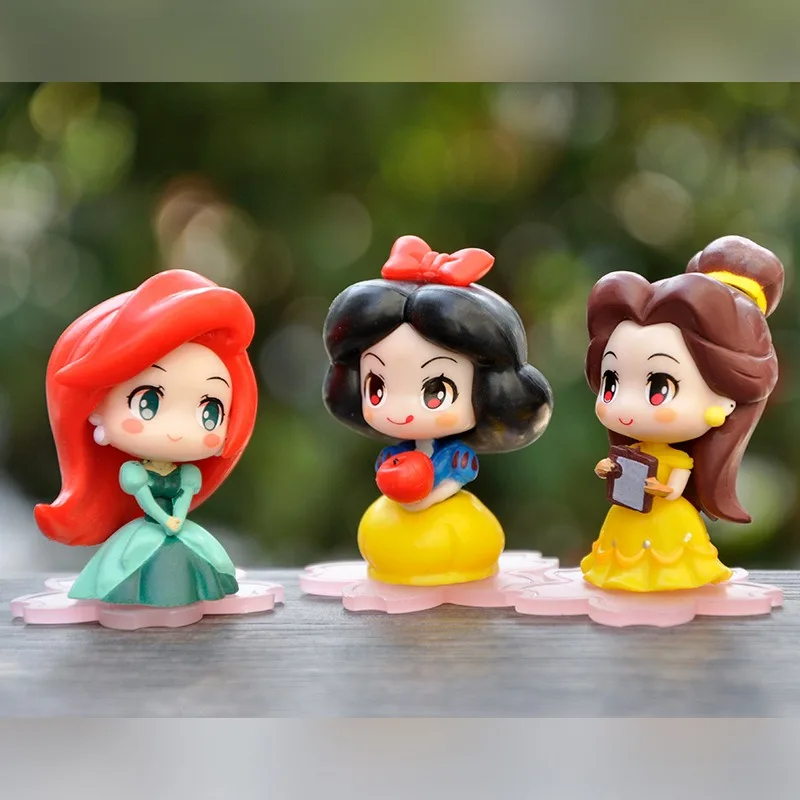 Disney 9 Pcs/Set Kawaii Q Princess 6cm Rapunzel Snow White Jasmine Mulan Ariel PVC Figurine Cake Ornaments Toys Kid Gift