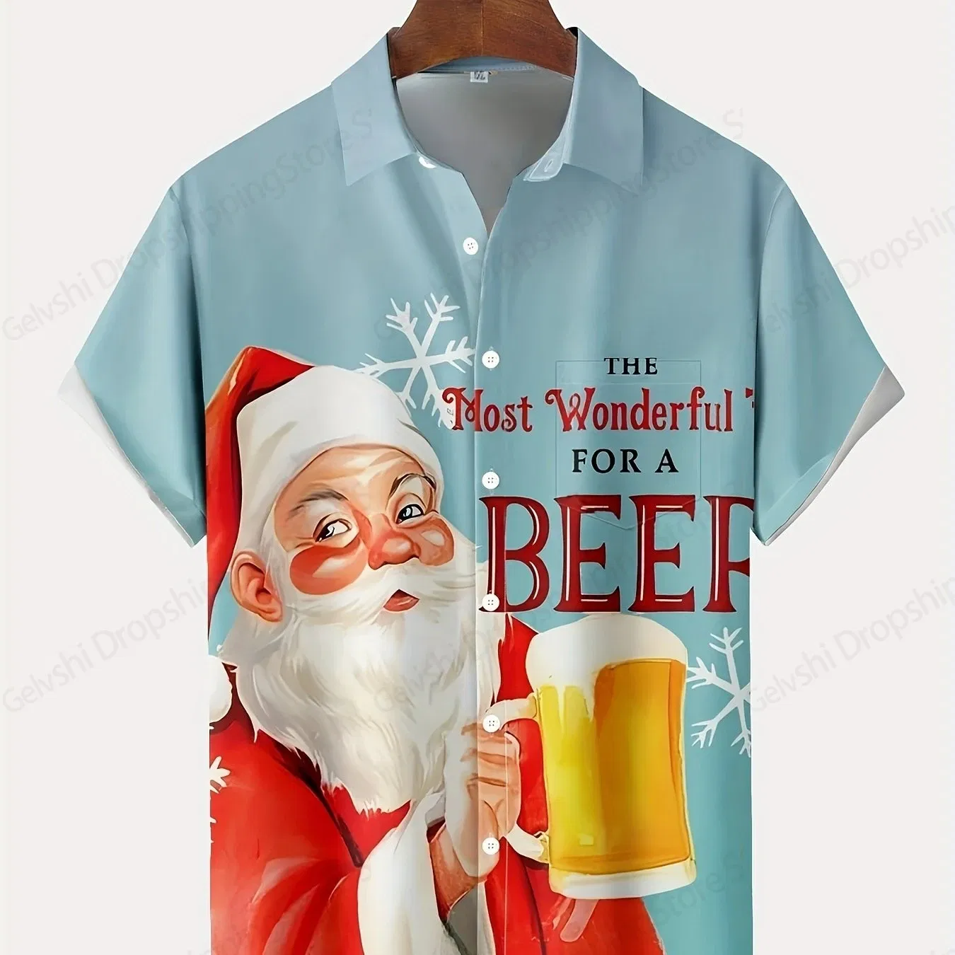 Color: SKY BLUE, Size: L - Men's Retro Christmas Hawaiian Shirt Men Women Fashion Cartoon Santa Claus Shirts Short Sleeve Blouse Festive Holiday Top Elk