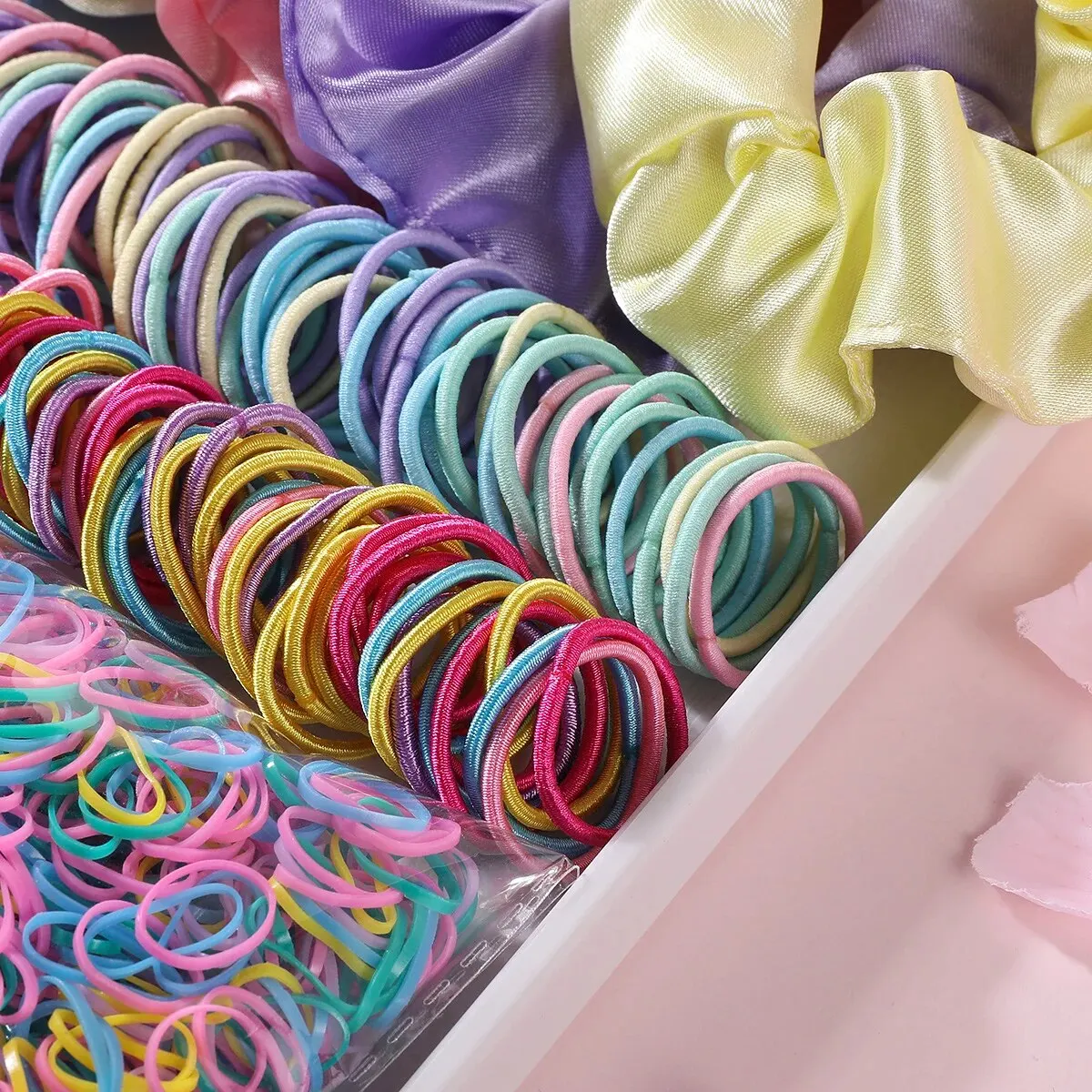 Color: black - 2155Pcs Girls Colorful Hair Bands Set Nylon Elastic Rubber Band Satin Scrunchies Children Ponytail Holder Kids Hair Accessories