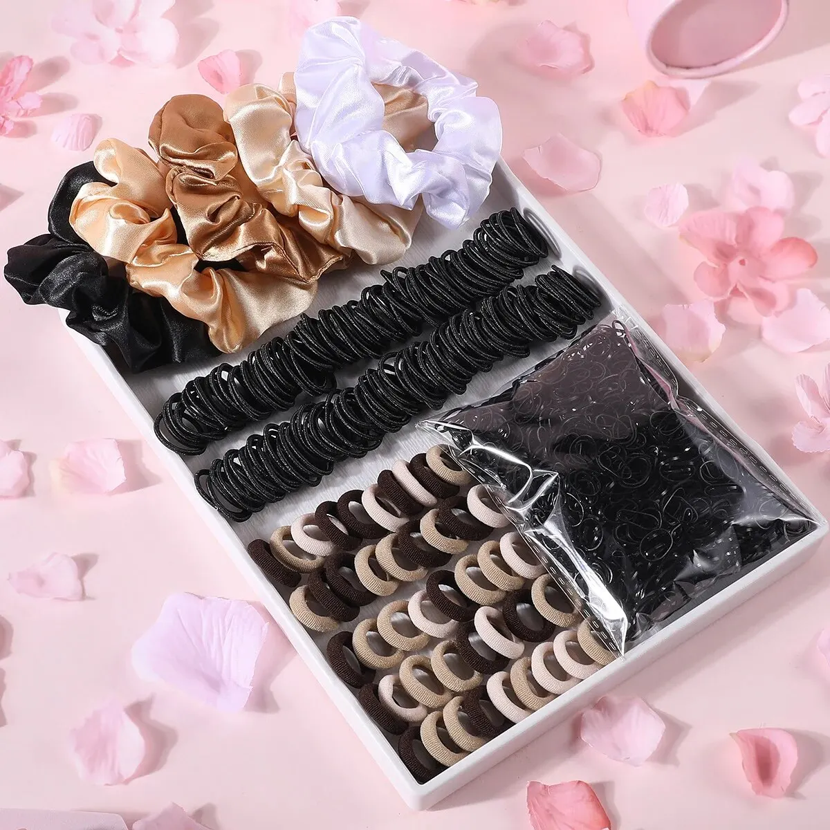 Color: black - 2155Pcs Girls Colorful Hair Bands Set Nylon Elastic Rubber Band Satin Scrunchies Children Ponytail Holder Kids Hair Accessories