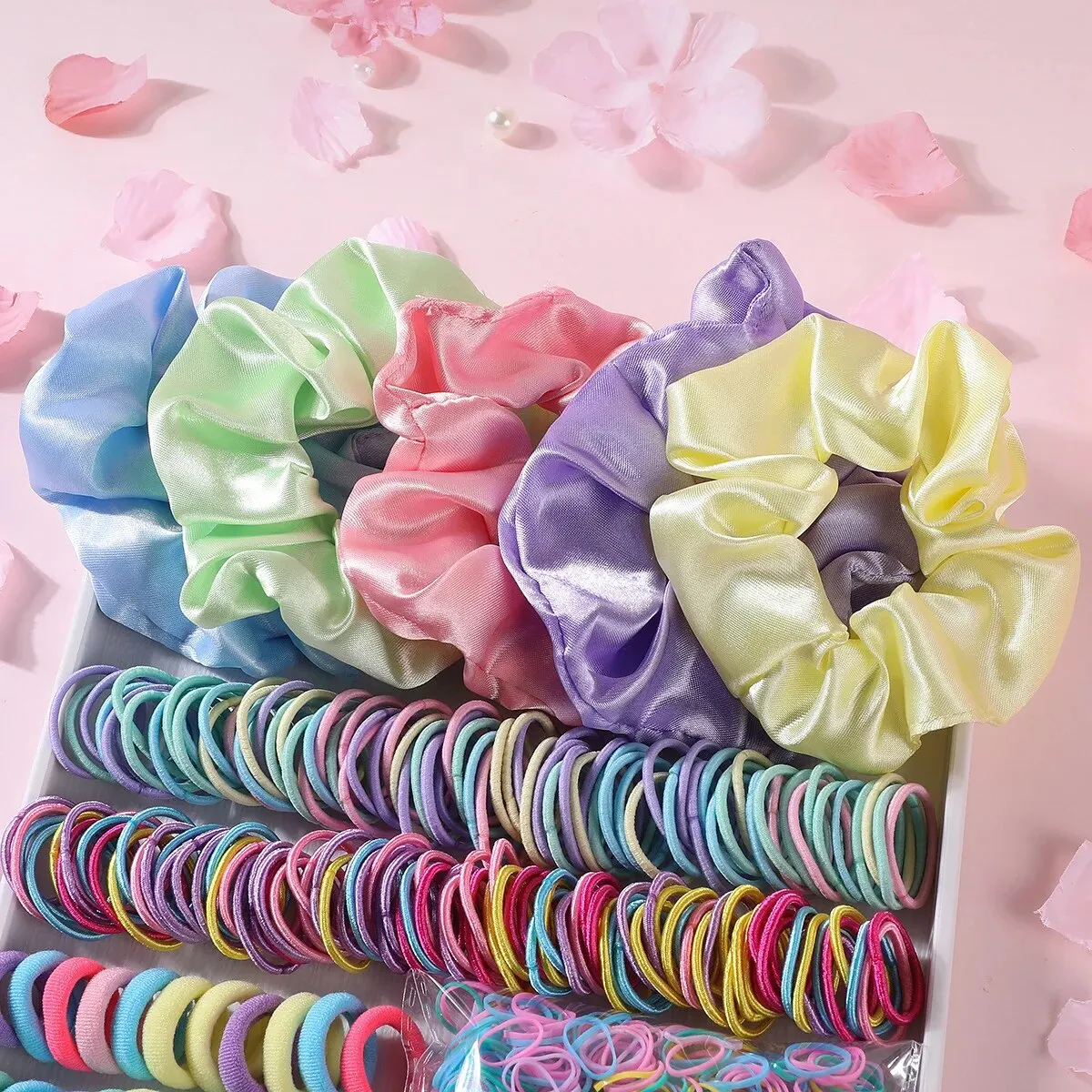 Color: black - 2155Pcs Girls Colorful Hair Bands Set Nylon Elastic Rubber Band Satin Scrunchies Children Ponytail Holder Kids Hair Accessories