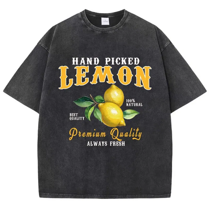 Color: Dark Grey, Size: XXL - Summer Lemon Washed T-Shirts Womens Cotton Oversized O-Neck T Shirts Fresh Fruit Prints Tops Casual Short Sleeve Woman Clothes