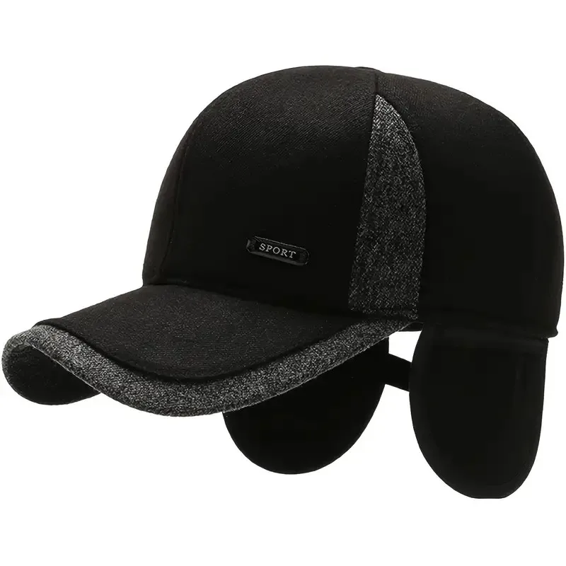 Color: black, Size: Adjustable - Auturnn Thick Warm Men Winter Baseball Cap With Ear Flaps, Ideal choice for Gifts