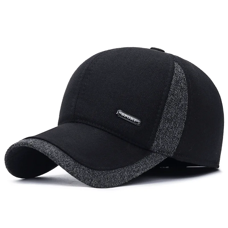 Color: black, Size: Adjustable - Auturnn Thick Warm Men Winter Baseball Cap With Ear Flaps, Ideal choice for Gifts