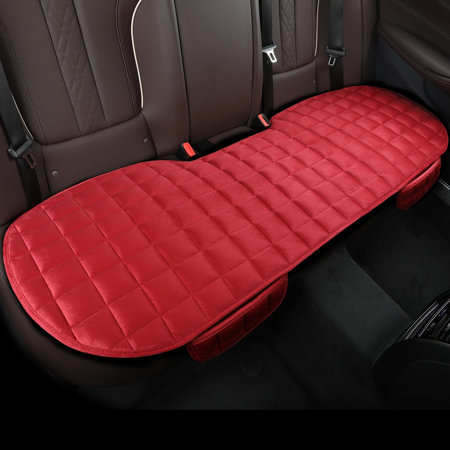 Color Name: black - 1 piece of plaid embroidered short pile without backrest, warm and comfortable, universal car cushion with storage bag, suitable