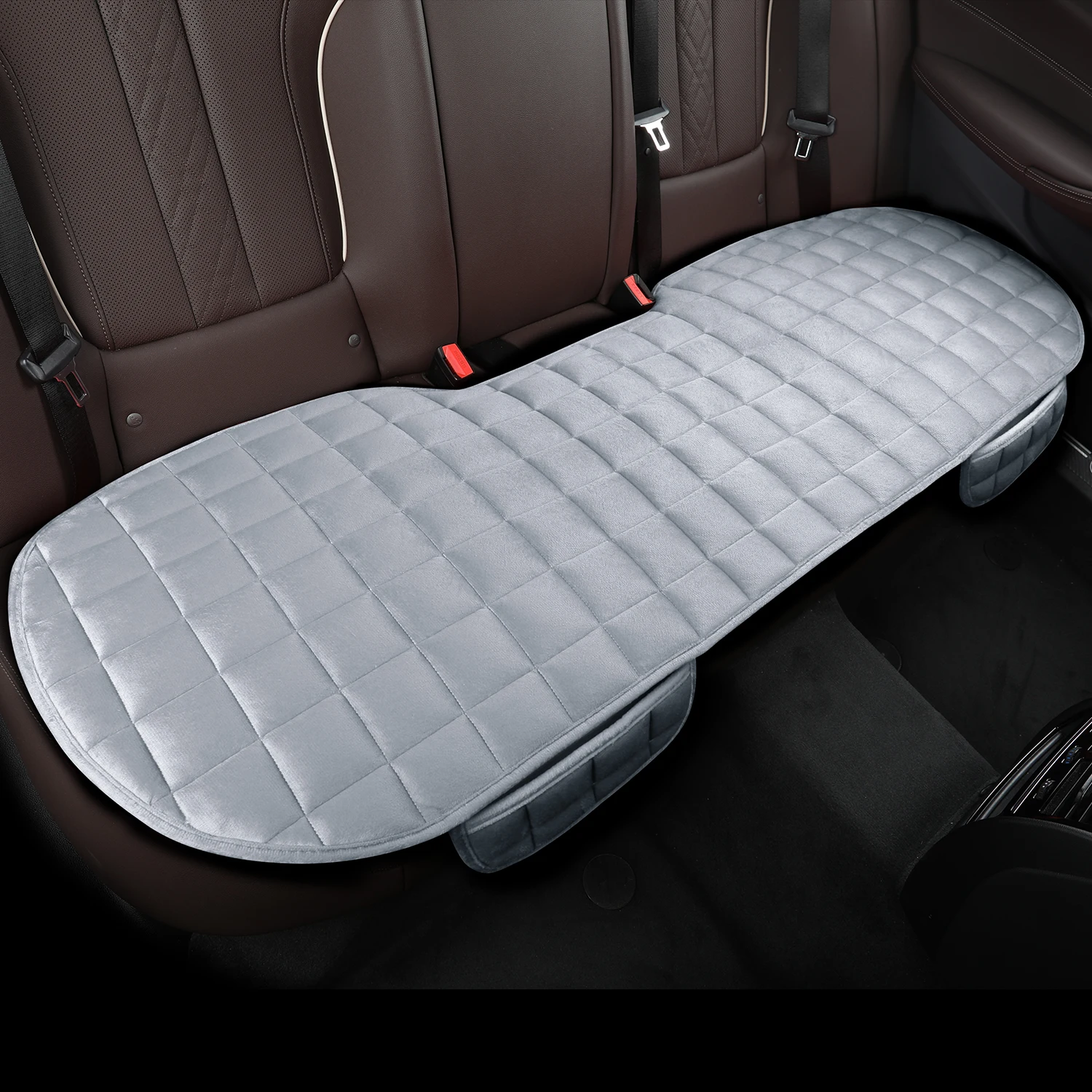 Color Name: black - 1 piece of plaid embroidered short pile without backrest, warm and comfortable, universal car cushion with storage bag, suitable