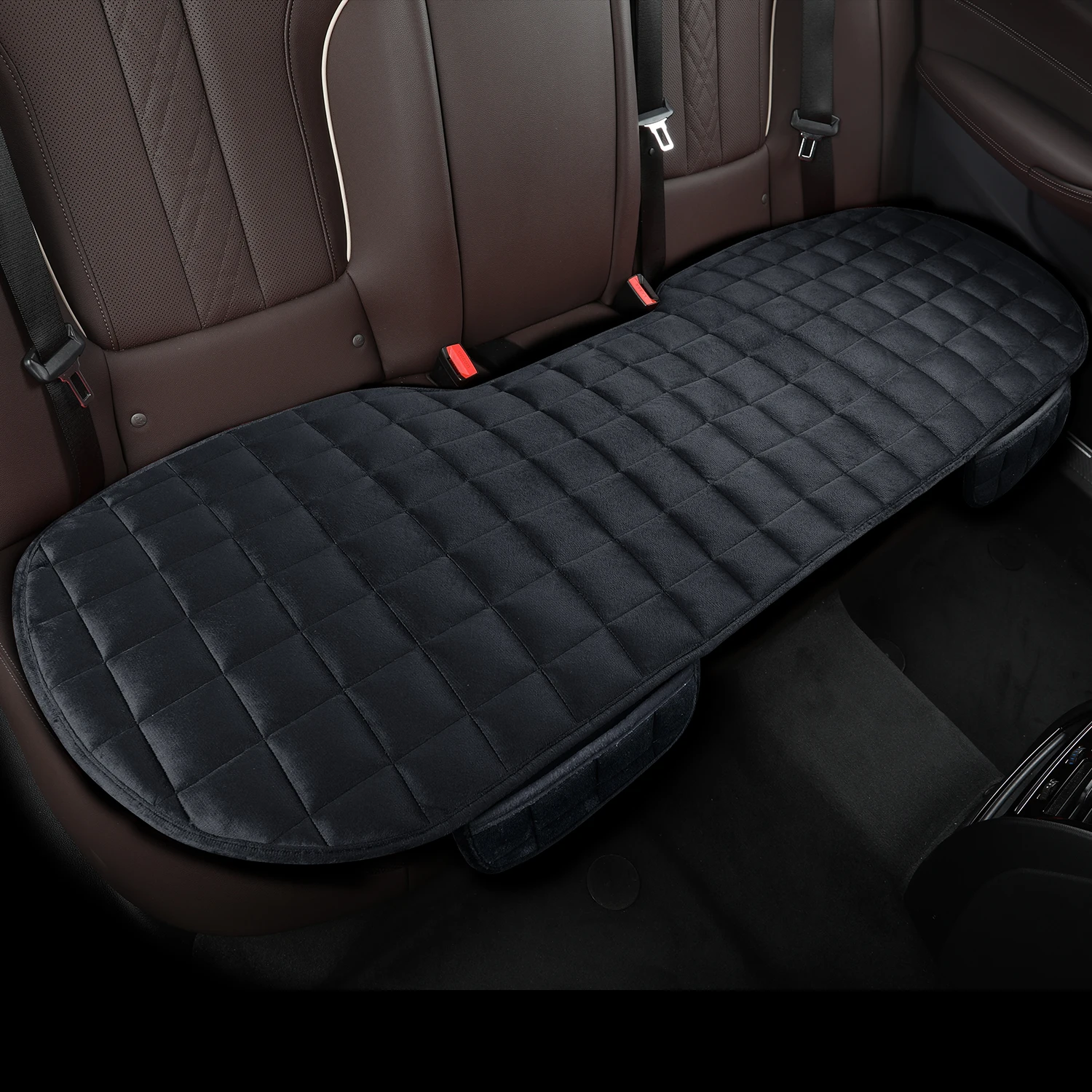 Color Name: black - 1 piece of plaid embroidered short pile without backrest, warm and comfortable, universal car cushion with storage bag, suitable