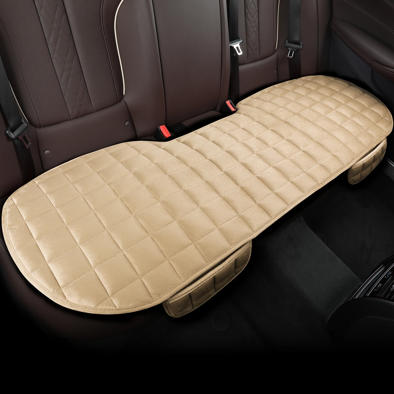 Color Name: black - 1 piece of plaid embroidered short pile without backrest, warm and comfortable, universal car cushion with storage bag, suitable