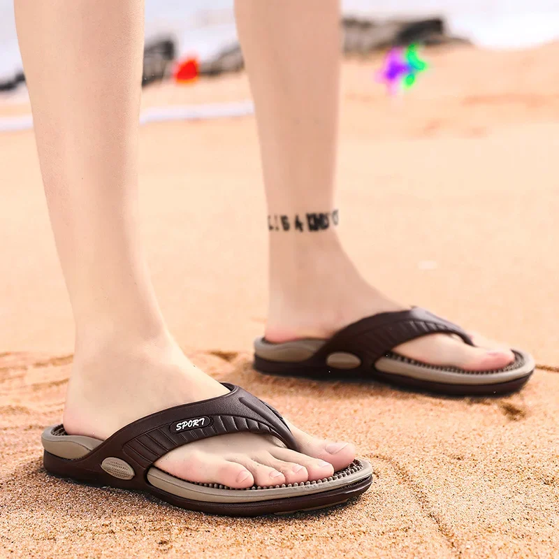 Color: Red, Shoe Size: 43 - Massage Flip Flops for Men Summer Breathable Beach Shoes Sandals Men Luxury Flip Flops Breathable Plus Big Size Men Slippers 46