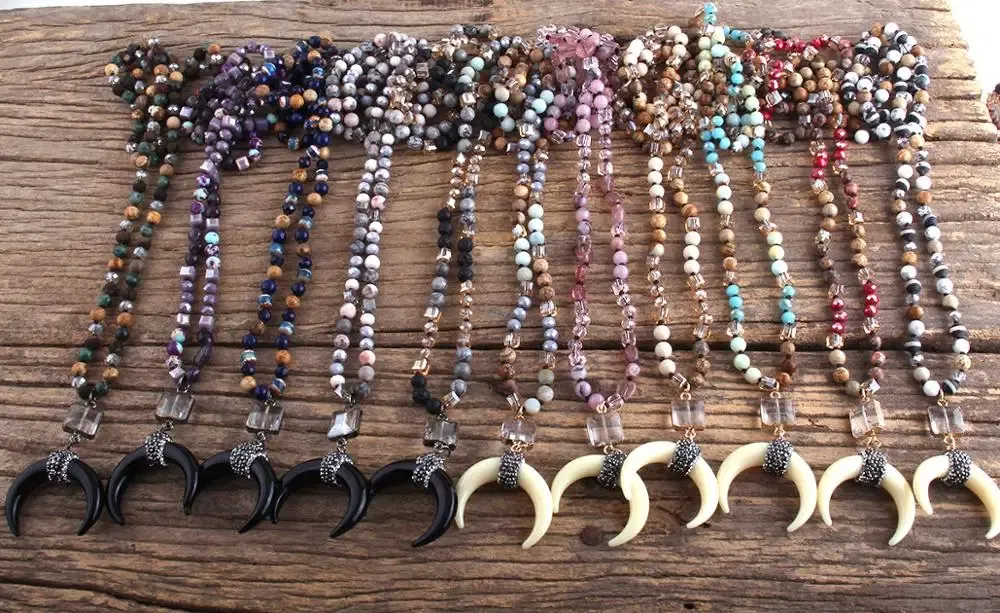 Metal Color: Antique Gold Plated, Length: 45cm, Ships From: CHINA - Fashion Bohemian Jewelry Natural Stones Crystal Glass Knotted Ox Horn Moon Pendant Necklace Women Boho Necklaces Girls