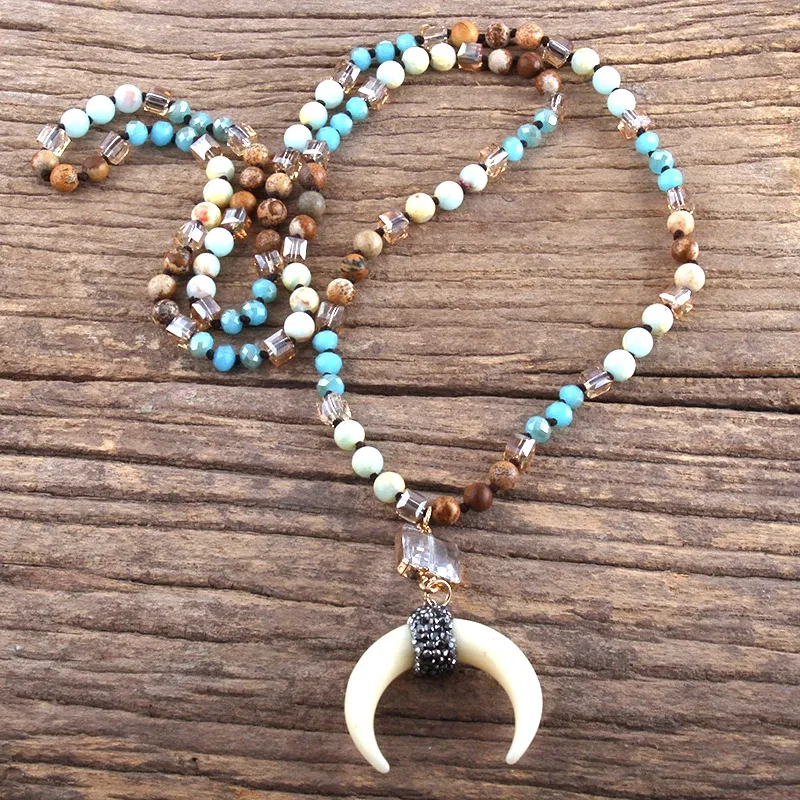 Metal Color: Antique Gold Plated, Length: 45cm, Ships From: CHINA - Fashion Bohemian Jewelry Natural Stones Crystal Glass Knotted Ox Horn Moon Pendant Necklace Women Boho Necklaces Girls