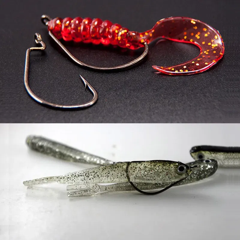 Color: Black - 100 pcs Wide Gap Worm Fishing Hooks Jig Crank Big Bass Hook Black High Carbon Steel Crank Barbed Hook for Soft Fishing Lure
