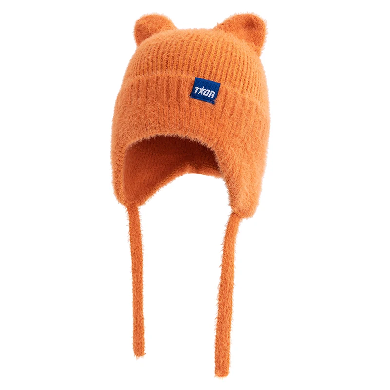 Color: Coffee, Size: One Size - New Women Cute Cat Ear Earflap Winter Hat Fashion Windproof Knitted Hat Kpop Style Soft Beanie Hats Candy Colors Streetwear Cap