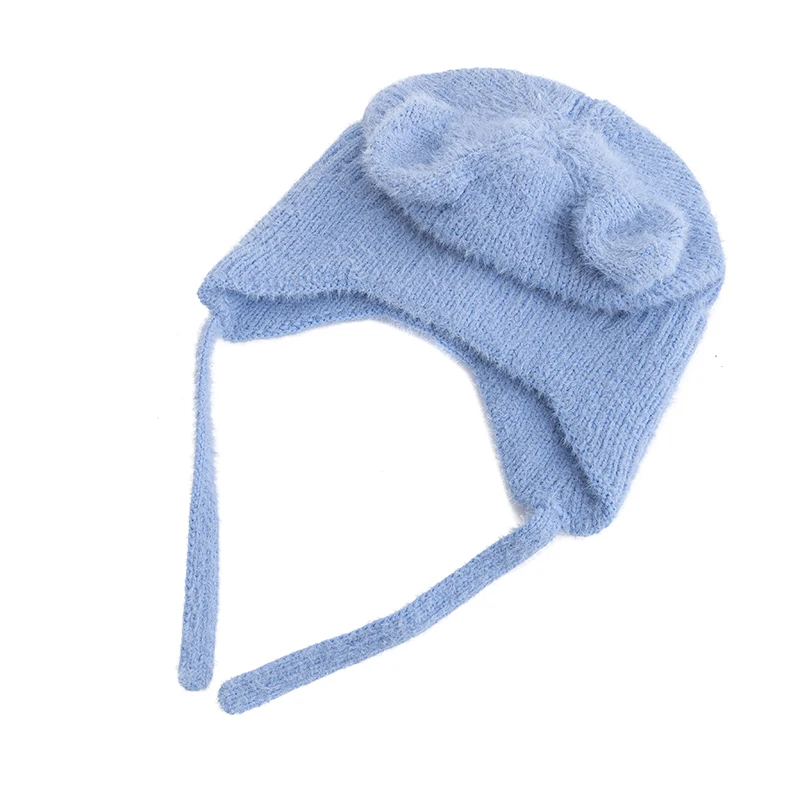 Color: Coffee, Size: One Size - New Women Cute Cat Ear Earflap Winter Hat Fashion Windproof Knitted Hat Kpop Style Soft Beanie Hats Candy Colors Streetwear Cap