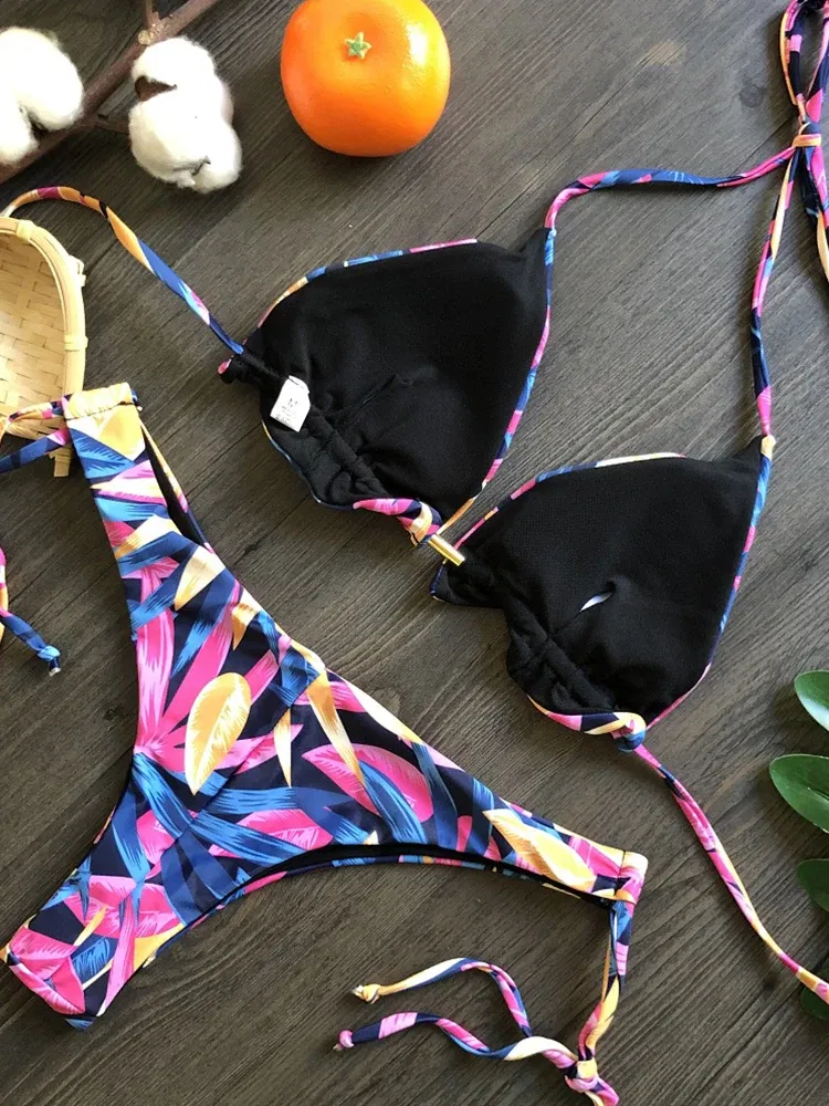 Color: Beige, Size: M - RUOTONGSEPT Sexy Micro Bikinis Set 2022 New Swimsuit Women Feather Print Bandage Swimwear Female Bathing Suit Brazilian Biquinis