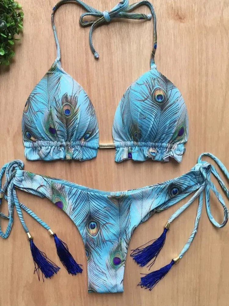 Color: Beige, Size: M - RUOTONGSEPT Sexy Micro Bikinis Set 2022 New Swimsuit Women Feather Print Bandage Swimwear Female Bathing Suit Brazilian Biquinis