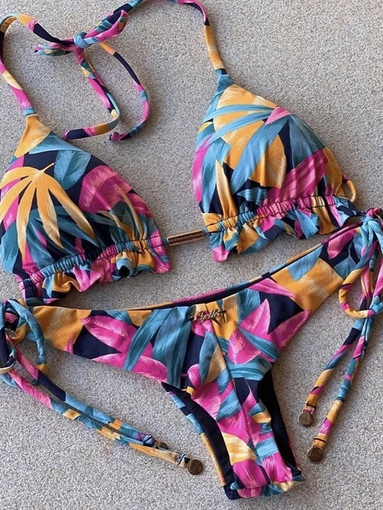 Color: Beige, Size: M - RUOTONGSEPT Sexy Micro Bikinis Set 2022 New Swimsuit Women Feather Print Bandage Swimwear Female Bathing Suit Brazilian Biquinis