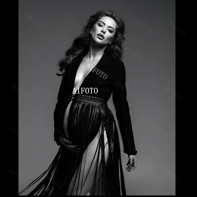 Color: black, Maternity Size: S - Black Women's Suit Pregnancy Photoshoot Clothes Chic Outerwear Long Tassel Buckle Waist Belt Blazer Maternity Photography Outfit