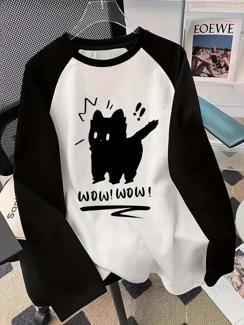 Color: Yellow, Size: M - Winter Autumn Long Sleeved Black Cat Design Shirt Funny T Shirt Women's Casual Long Sleeve T-Shirt Crew Neck Top Tee Tshirt
