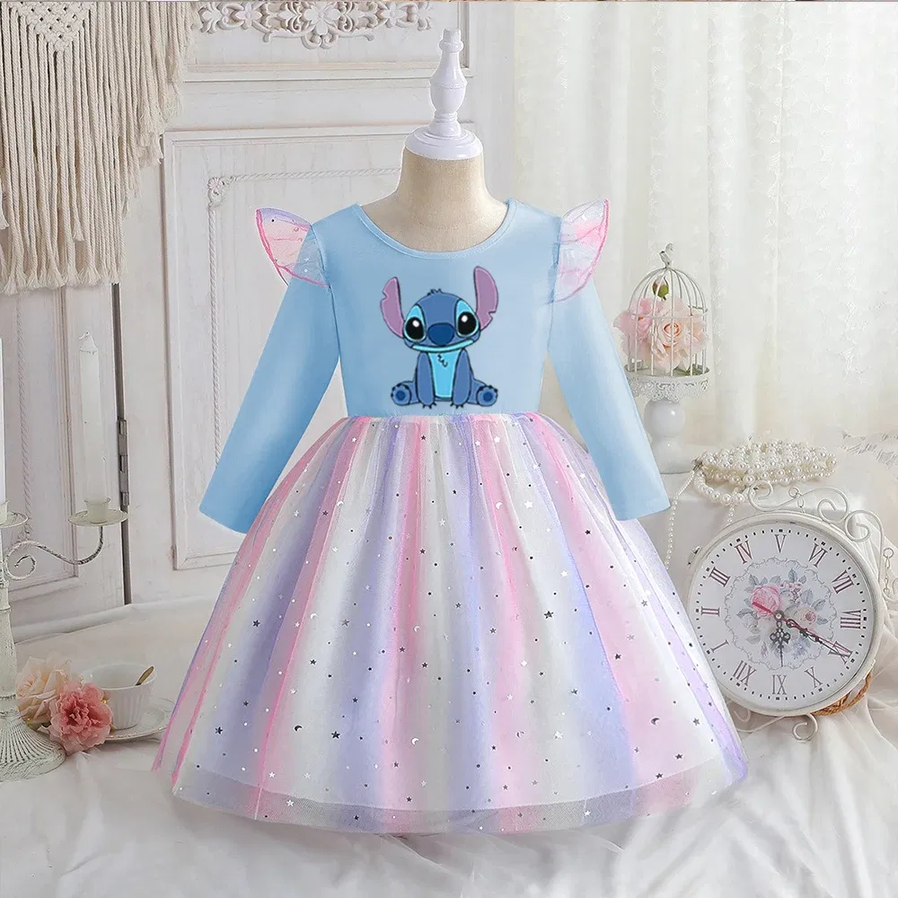 Color: green, Kid Size: 5 - Stitch Princess Dress Autumn New Disney Baby Girls Dress Spring Autumn Long-sleeved For Children Kids Clothes Birthday Party