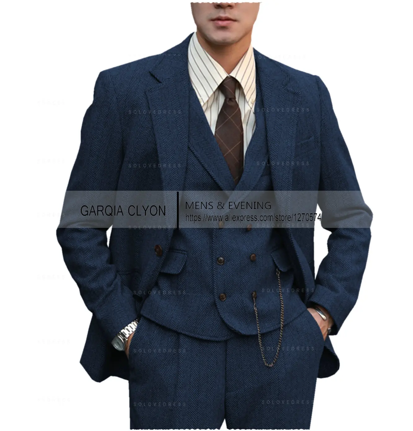 Color: ROYAL BLUE, Size: One Size - Tweed Herringbone 3 Pieces Herringbone Men's Business Suits Single Breasted Slim Fit Groom Formal Suits?€Blazer+vest+Pants?‰