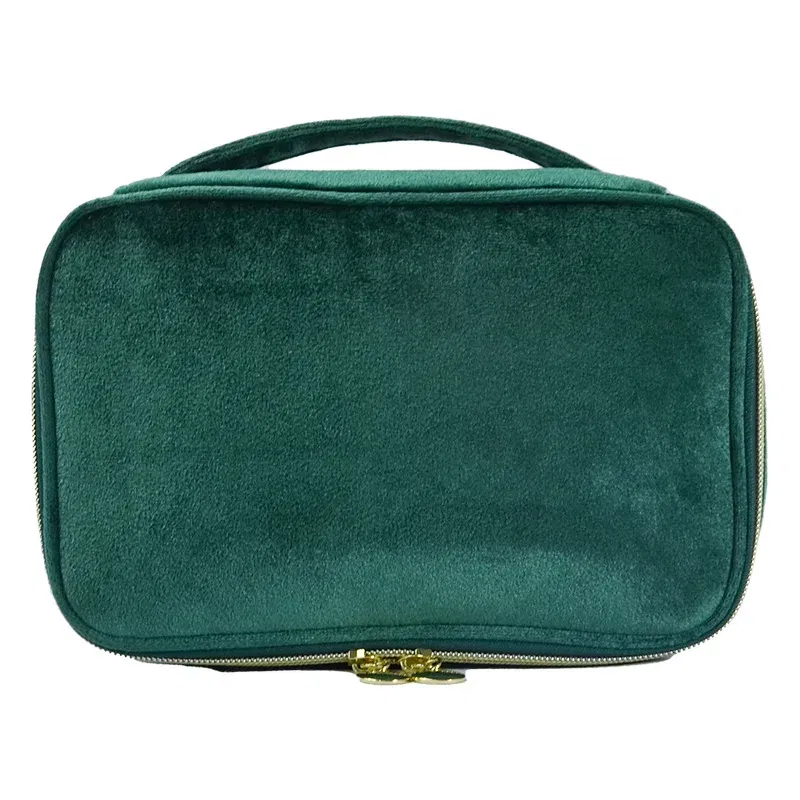 Color: green - Velvet Cosmetics Bag Top Handle Travel Large Capacity Brushes Suede Makeup Vanity Case Custom Initials Name Gift