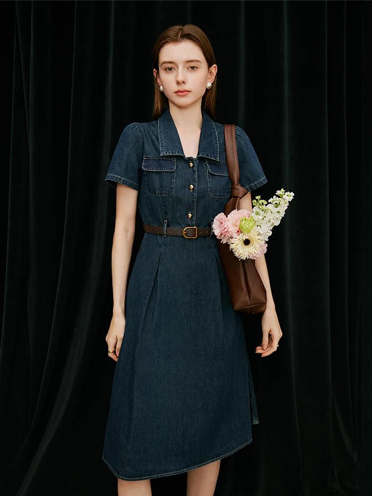Color: Blue, Size: L - FSLE French Temperament Elegant Retro Denim Dress For Women 2024 Summer New Design High Waist Versatile Long Dress  24FS12236