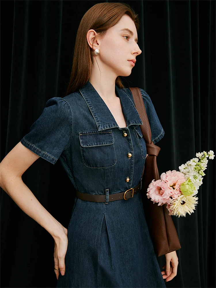 Color: Blue, Size: L - FSLE French Temperament Elegant Retro Denim Dress For Women 2024 Summer New Design High Waist Versatile Long Dress  24FS12236