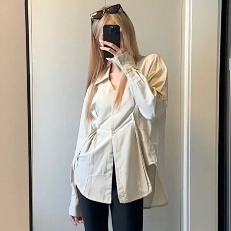 Color: Beige, Size: M - OL Shirts Women Slim Irregular Hem Design Single Breasted Design New Long Sleeve Tops Korean Trendy Simple All-match Temperament